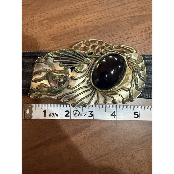 Vintage Mexican Artisan Belt Black Leather Wide Brass Sculptural Buckle Boho MCM - Picture 9 of 13
